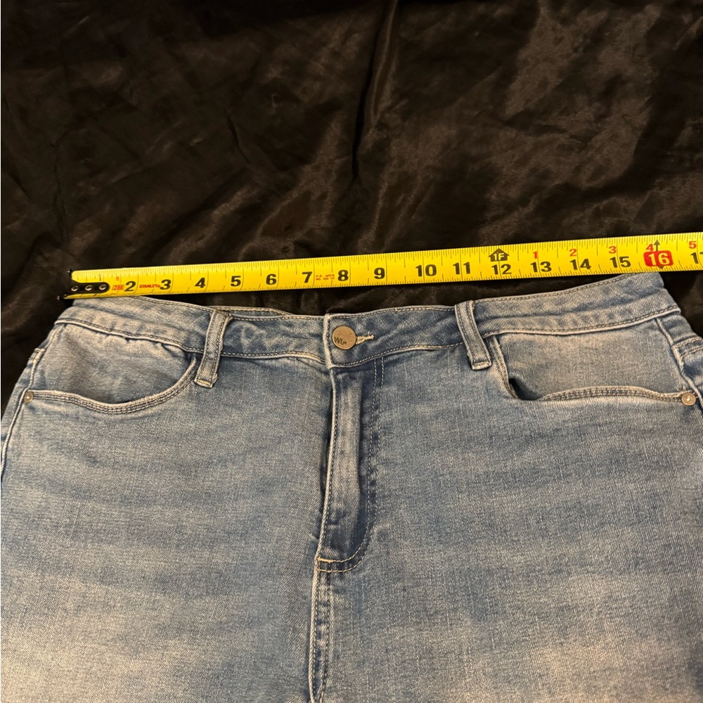 Wash Lab Asymmetrical Pierced Denim Midi Skirt Size 31 Frayed Hem Jean Skirt - Picture 9 of 11
